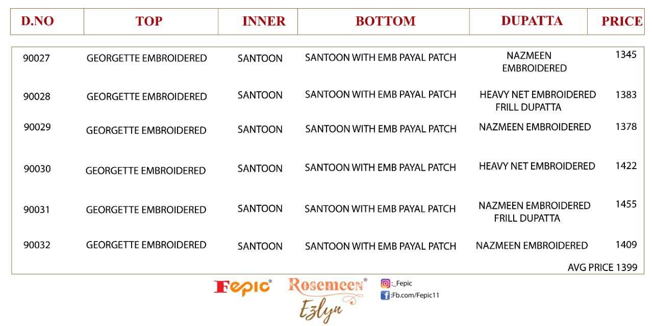 FEPIC ROSEMEEN EZLYN FAUX GEORGETTE EMBRODERY WORK PAKISTANI WHOLESALE CATALOGUE