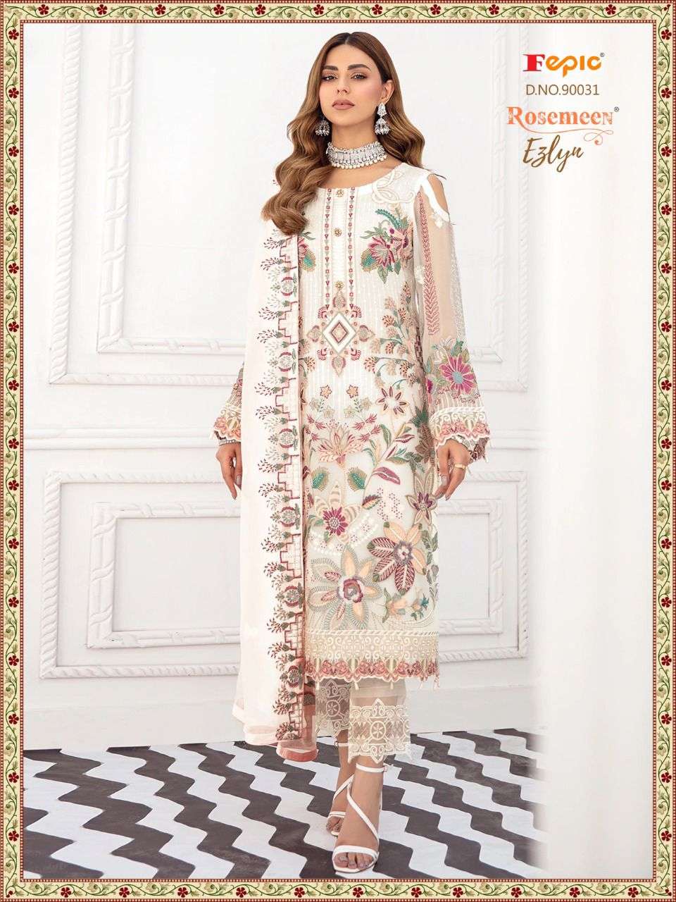 FEPIC ROSEMEEN EZLYN FAUX GEORGETTE EMBRODERY WORK PAKISTANI WHOLESALE CATALOGUE