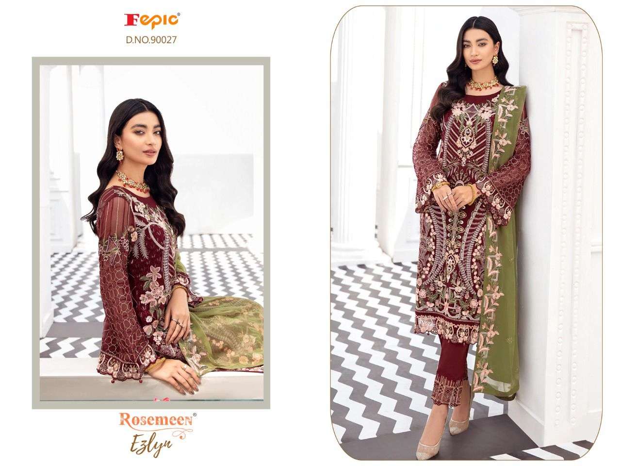 FEPIC ROSEMEEN EZLYN FAUX GEORGETTE EMBRODERY WORK PAKISTANI WHOLESALE CATALOGUE