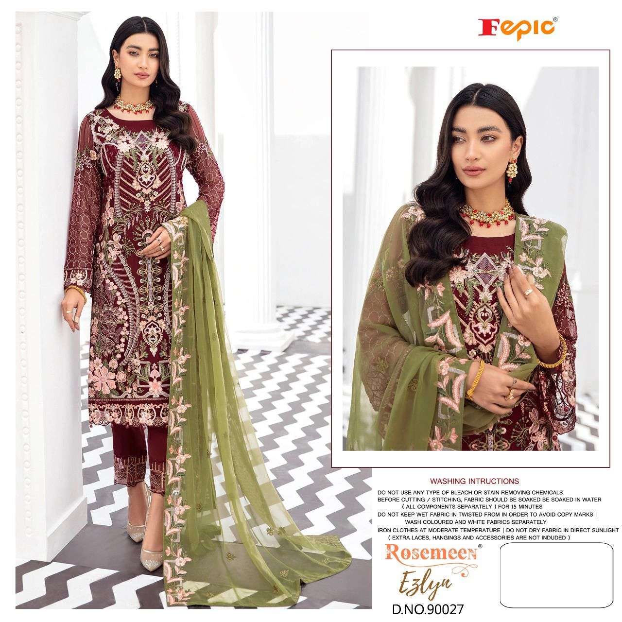 FEPIC ROSEMEEN EZLYN FAUX GEORGETTE EMBRODERY WORK PAKISTANI WHOLESALE CATALOGUE
