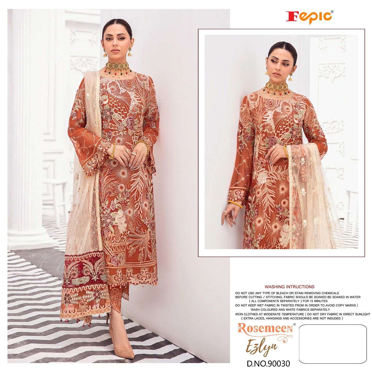 FEPIC ROSEMEEN EZLYN FAUX GEORGETTE EMBRODERY WORK PAKISTANI WHOLESALE CATALOGUE