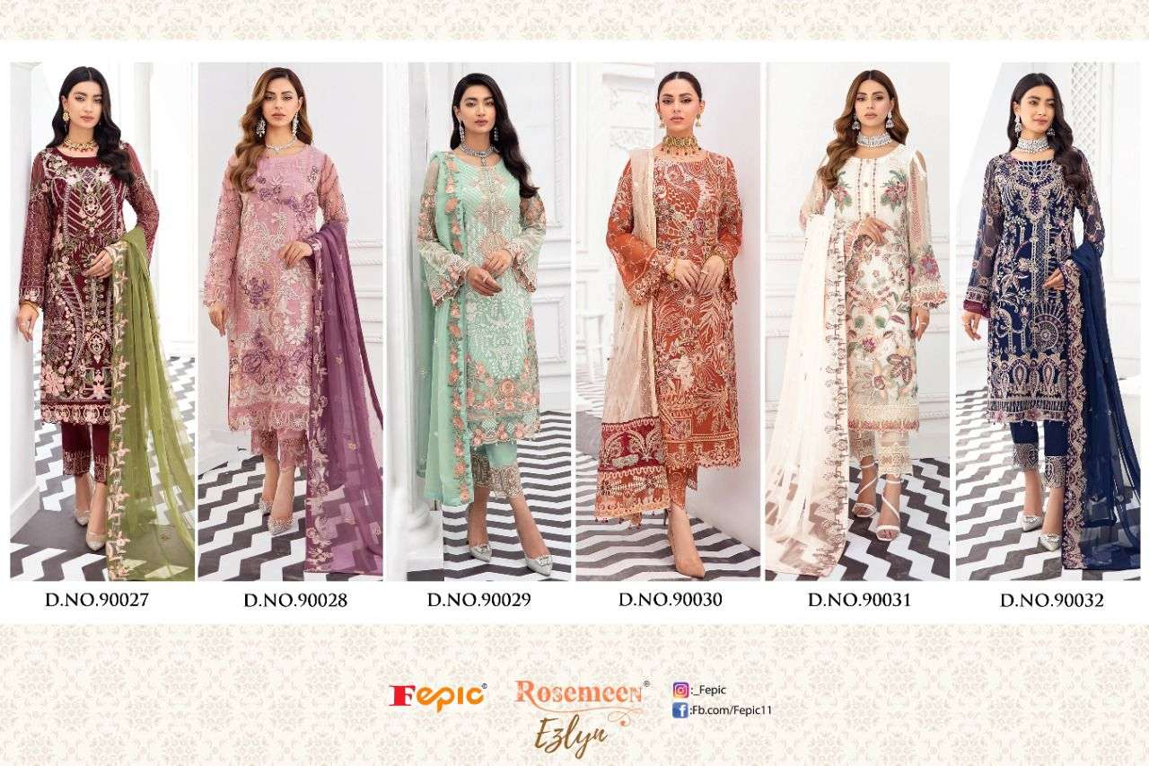 FEPIC ROSEMEEN EZLYN FAUX GEORGETTE EMBRODERY WORK PAKISTANI WHOLESALE CATALOGUE