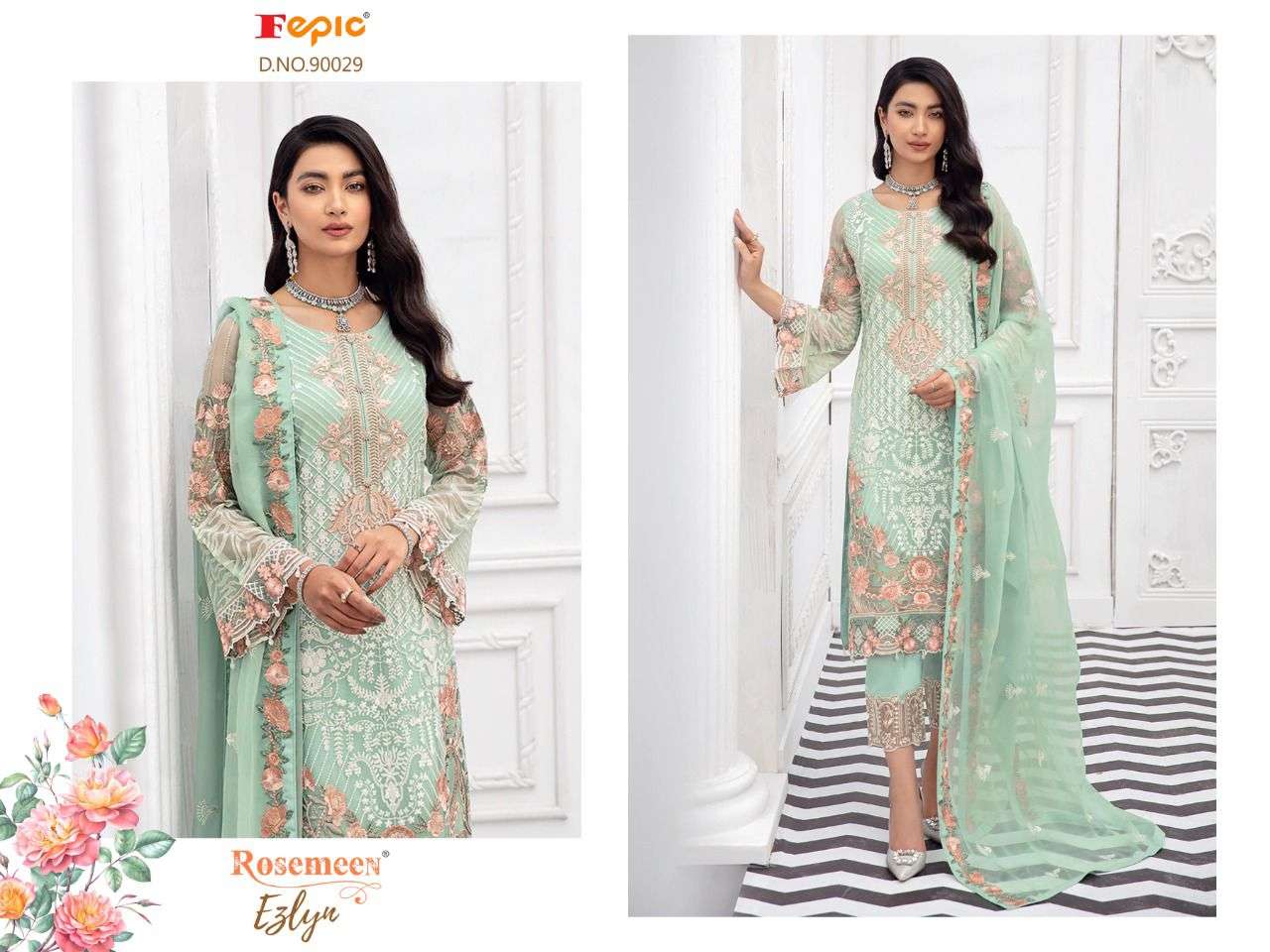 FEPIC ROSEMEEN EZLYN FAUX GEORGETTE EMBRODERY WORK PAKISTANI WHOLESALE CATALOGUE