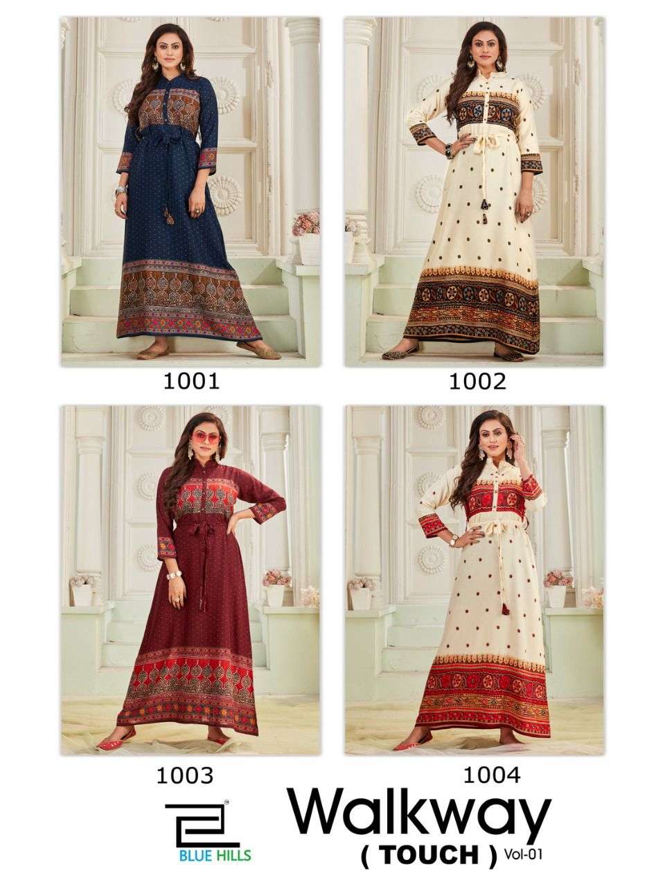 BLUE HILSS WALKWAY TOUCH VOL 1 1001 TO 1004 SERIES RAYON LONG GOWN CATALOGUE