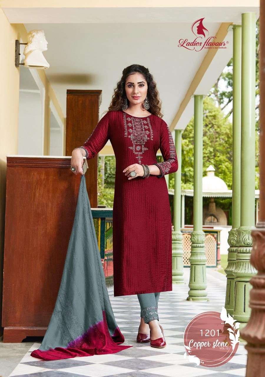 LADIES FLAVOUR COPPER STONE VOL 12 1201 TO 1206 SERIES PURE VISCOSE KURTI PANT WITH DUPPTA CATALOGUE 