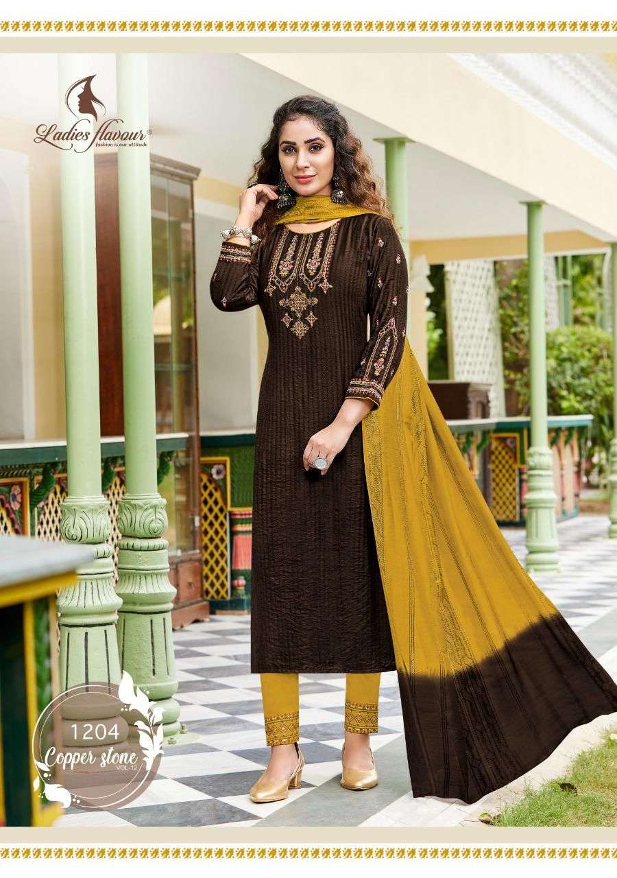 LADIES FLAVOUR COPPER STONE VOL 12 1201 TO 1206 SERIES PURE VISCOSE KURTI PANT WITH DUPPTA CATALOGUE 