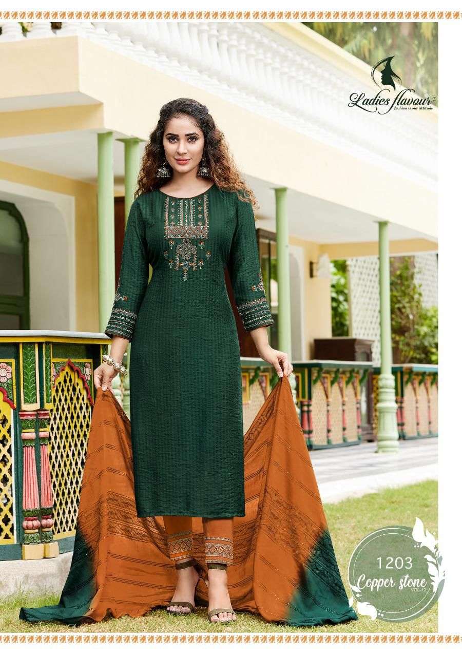 LADIES FLAVOUR COPPER STONE VOL 12 1201 TO 1206 SERIES PURE VISCOSE KURTI PANT WITH DUPPTA CATALOGUE 