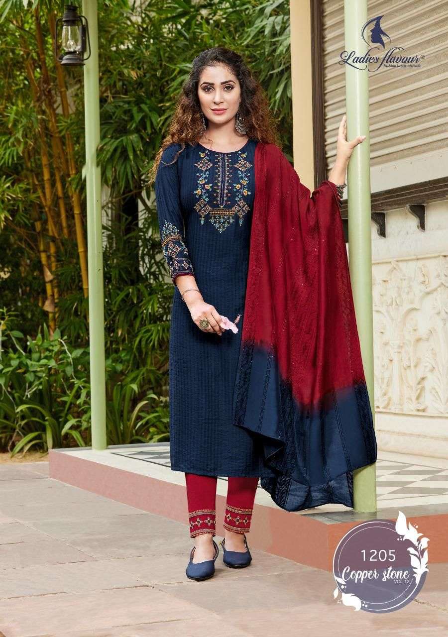 LADIES FLAVOUR COPPER STONE VOL 12 1201 TO 1206 SERIES PURE VISCOSE KURTI PANT WITH DUPPTA CATALOGUE 