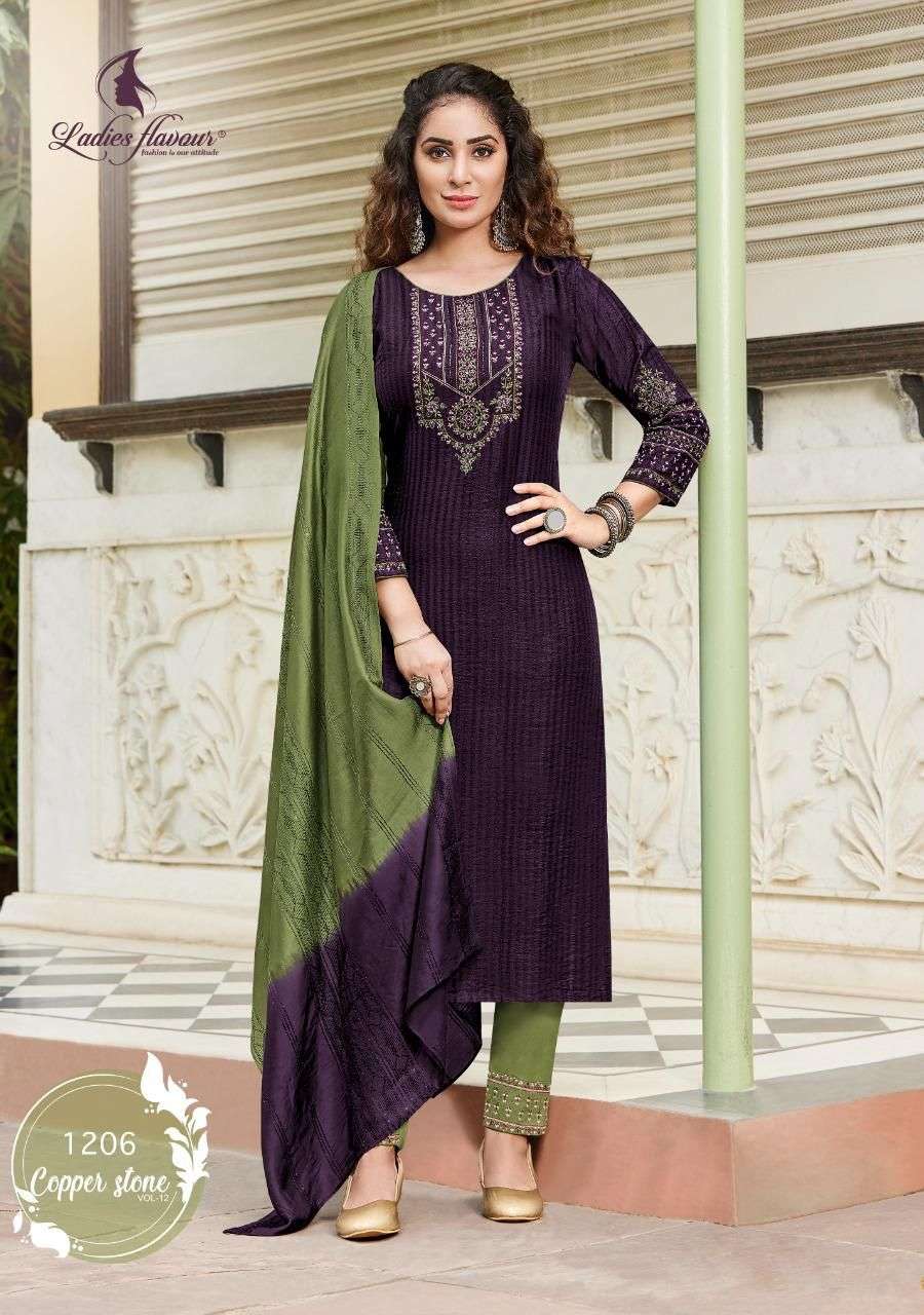 LADIES FLAVOUR COPPER STONE VOL 12 1201 TO 1206 SERIES PURE VISCOSE KURTI PANT WITH DUPPTA CATALOGUE 