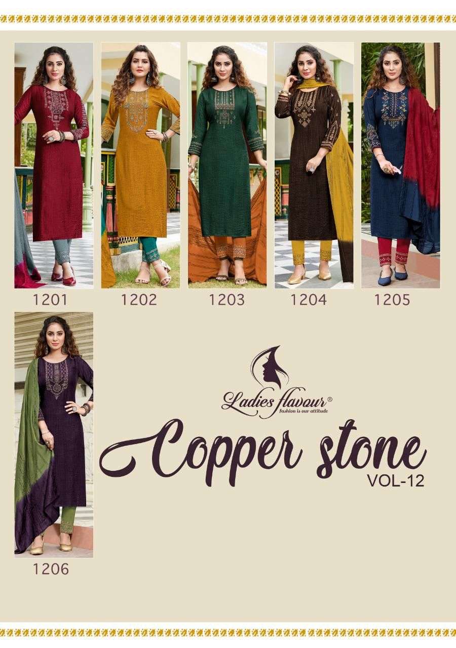 LADIES FLAVOUR COPPER STONE VOL 12 1201 TO 1206 SERIES PURE VISCOSE KURTI PANT WITH DUPPTA CATALOGUE 