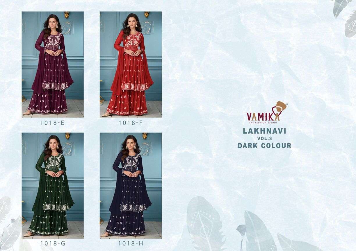 VAMIKA LAKHNAWI VOL 3 DARK COLOR RAYON EMB WORK DESIGNER SHARARA SUIT SUPPLIER IN SURAT 