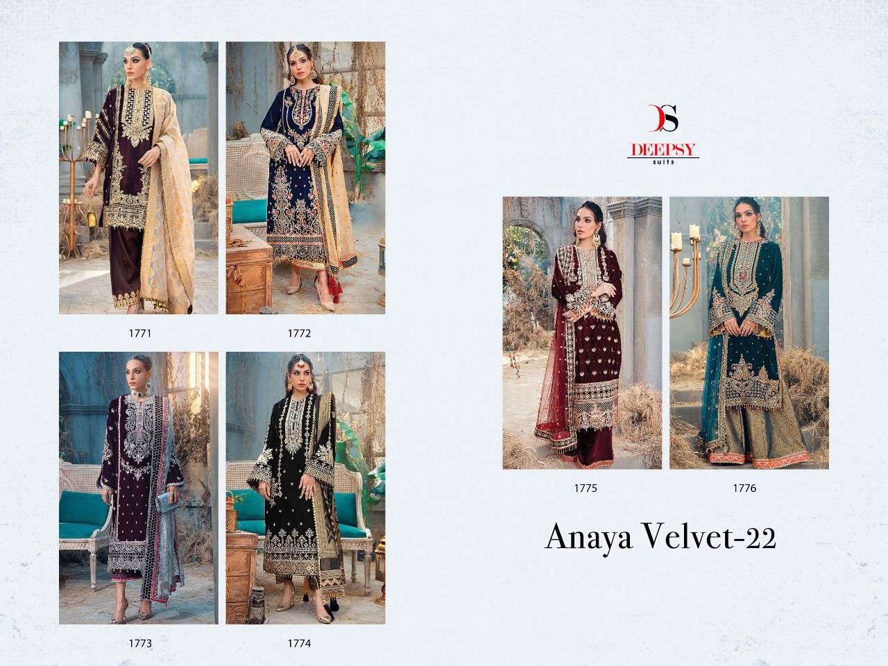 DEEPSY SUIT ANAYA VELVET 22 1771 TO 1776  SERIES PAKISTANI VELVET SUIT CATALOGUE 2022