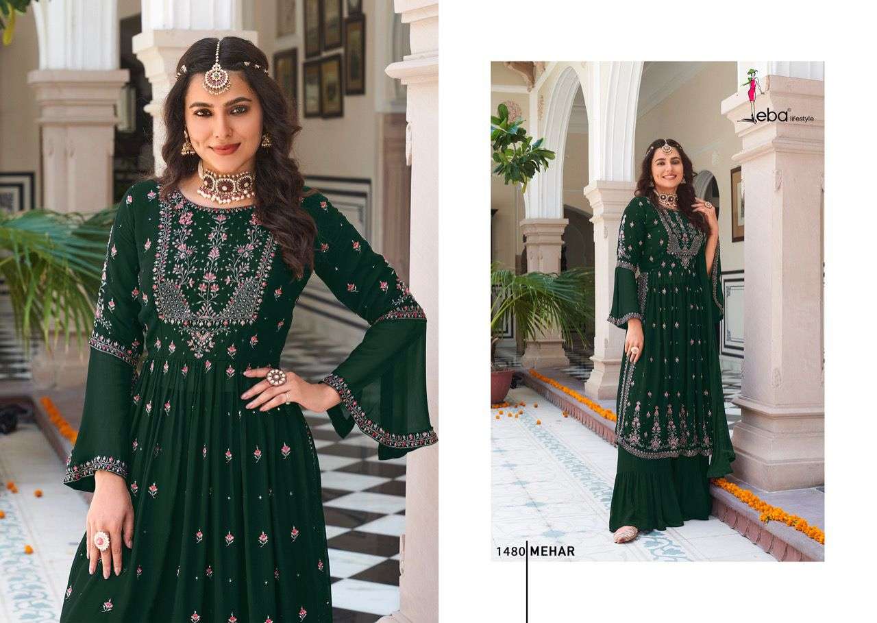 EBA LIFESTYLE MEHAR FOUX GEORGETTE PARTY WEAR SALWER SUIT NEW CATALOGUE 