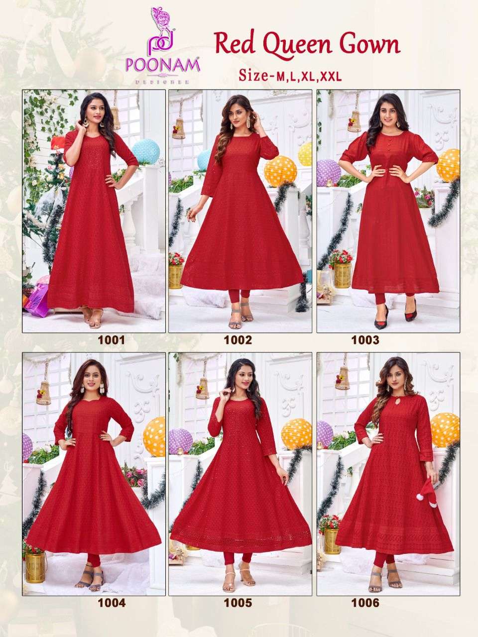 POONAM DESIGNER RED QUEEN GOWN STYLE KURTIS CHRISTMAS CATALOGUE