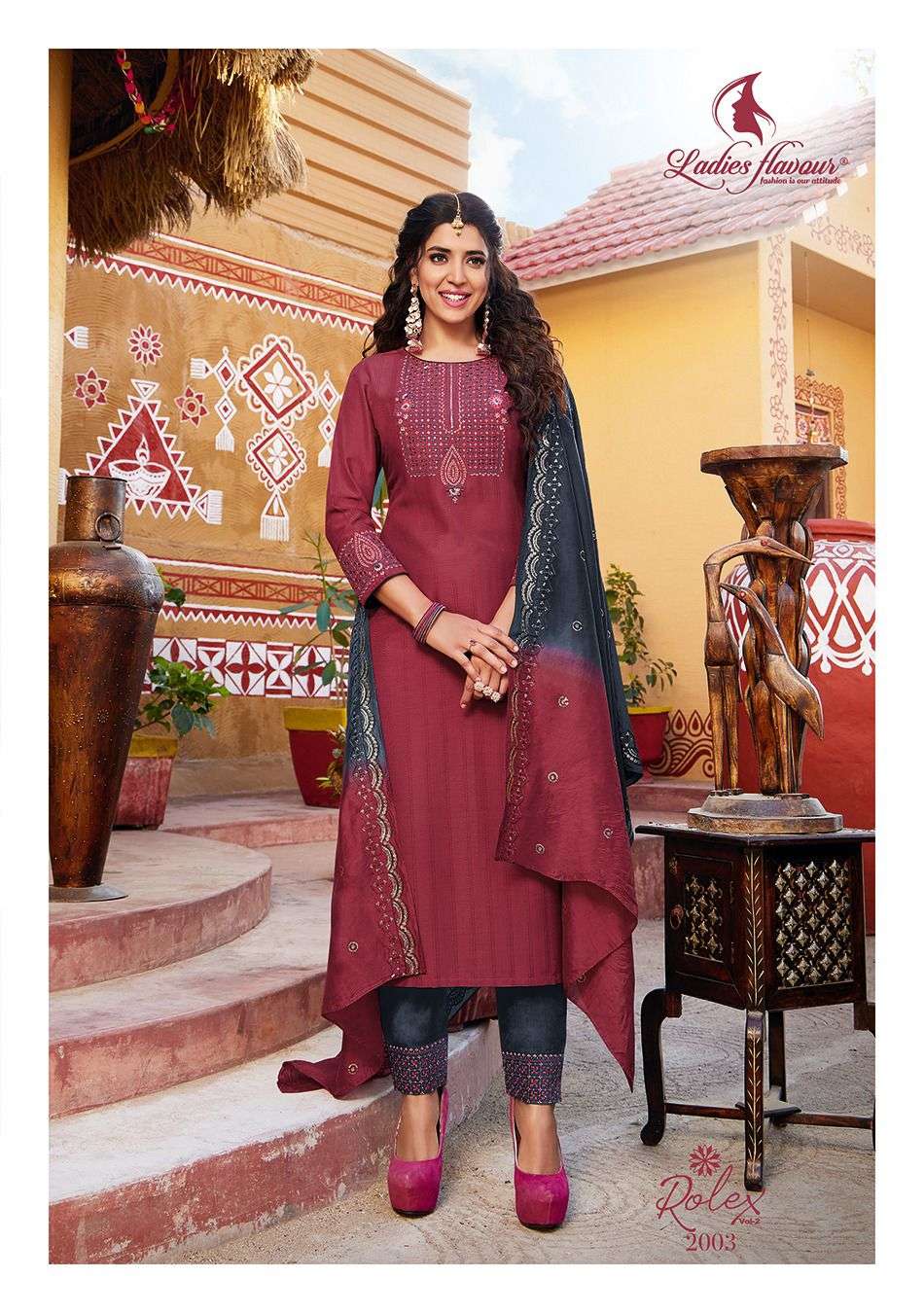 LADIES FLAVOUR ROLEX VOL 2 2001 TO 2006 SERIES KURTI PANT WITH DUPATTA COLLECTION CATALOGUE 2023