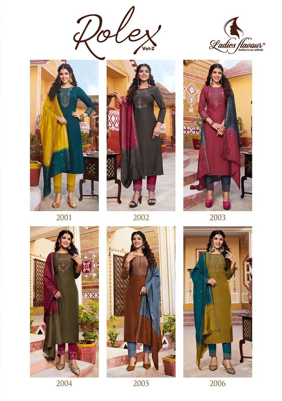 LADIES FLAVOUR ROLEX VOL 2 2001 TO 2006 SERIES KURTI PANT WITH DUPATTA COLLECTION CATALOGUE 2023