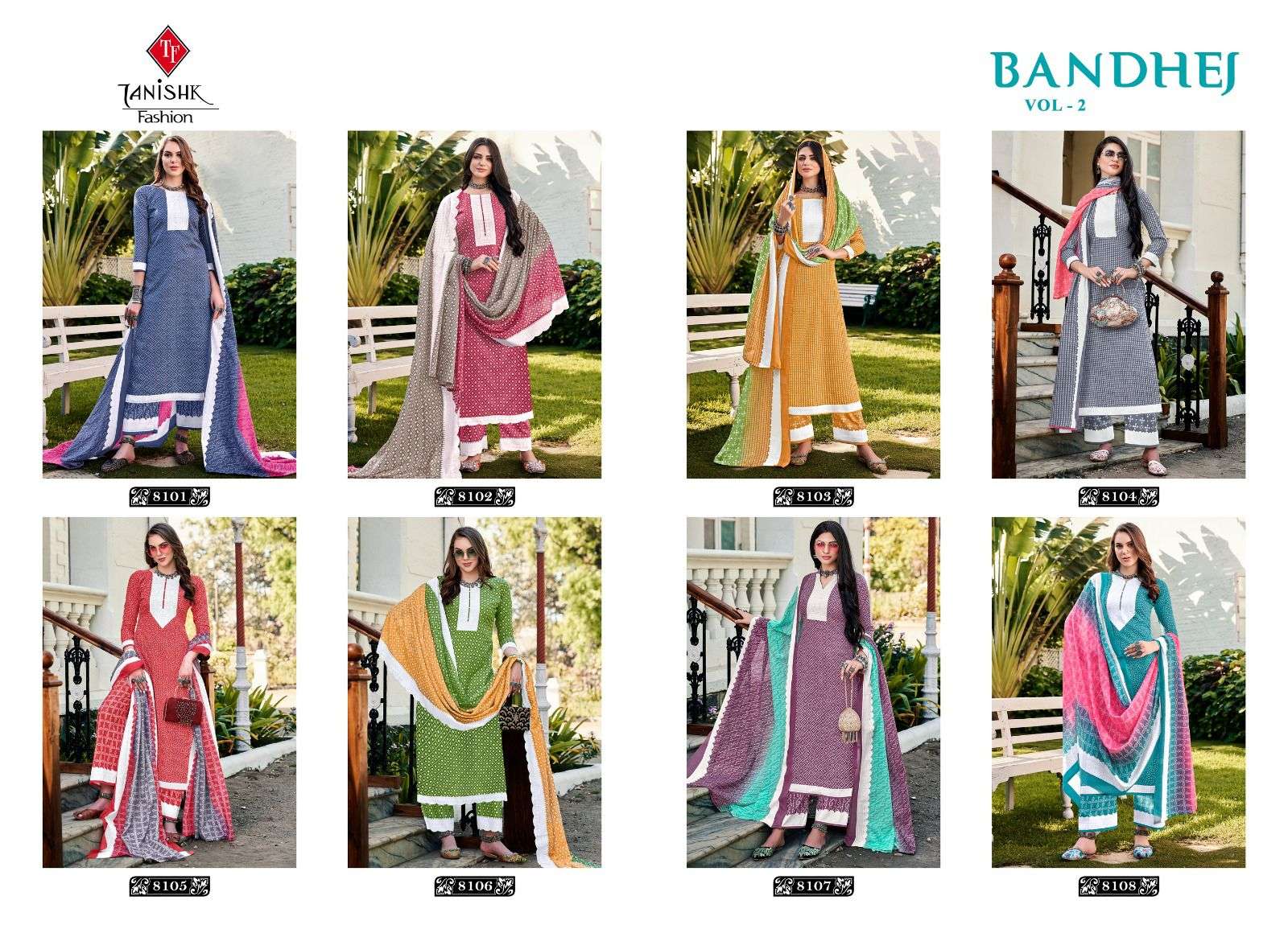 TANISHK FASHION BANDHEJ VOL 2 8101 TO 8108 SERIES COTTON BANDHANI PRINTED SUIT LATEST CATALOGUE 2023