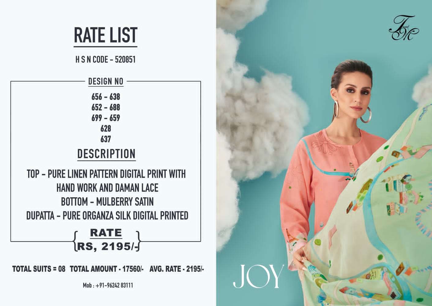 T & M SAHIBA BRAND PRESENTS JOY PURE LINEN PATTERN DIGITAL PRINT WITH HANDWORK SUIT 