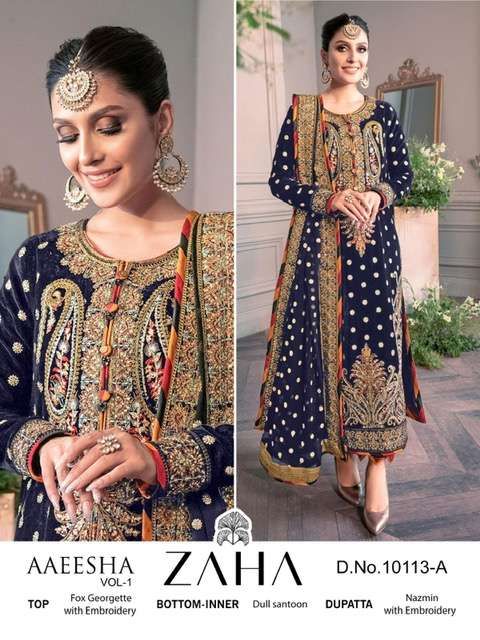 ZAHA AAEESHA VOL 1 GEORGETTE EMBROIDERY PAKISTANI SUIT CATALOGUE 2023