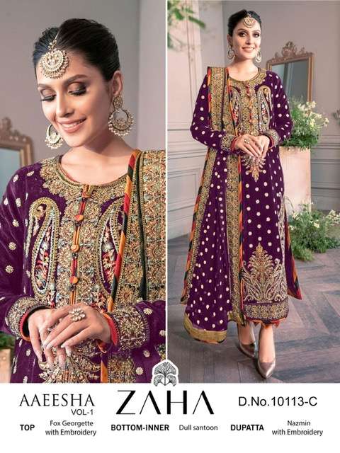 ZAHA AAEESHA VOL 1 GEORGETTE EMBROIDERY PAKISTANI SUIT CATALOGUE 2023