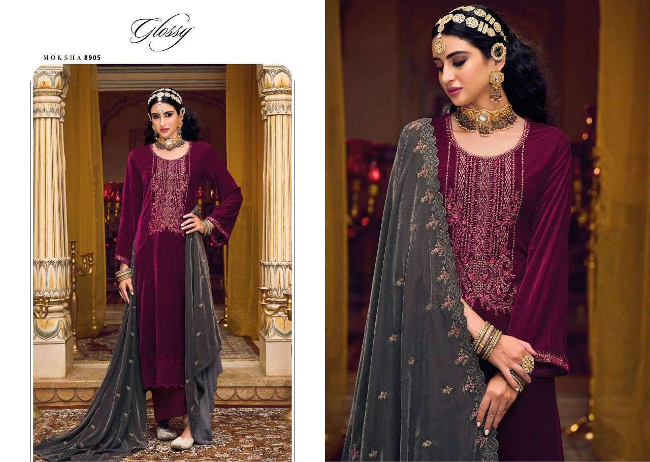 GLOSSY MOKSHA HEAVY VELVET EMBROIDERY SALWAR SUITS NEW CATALOGUE