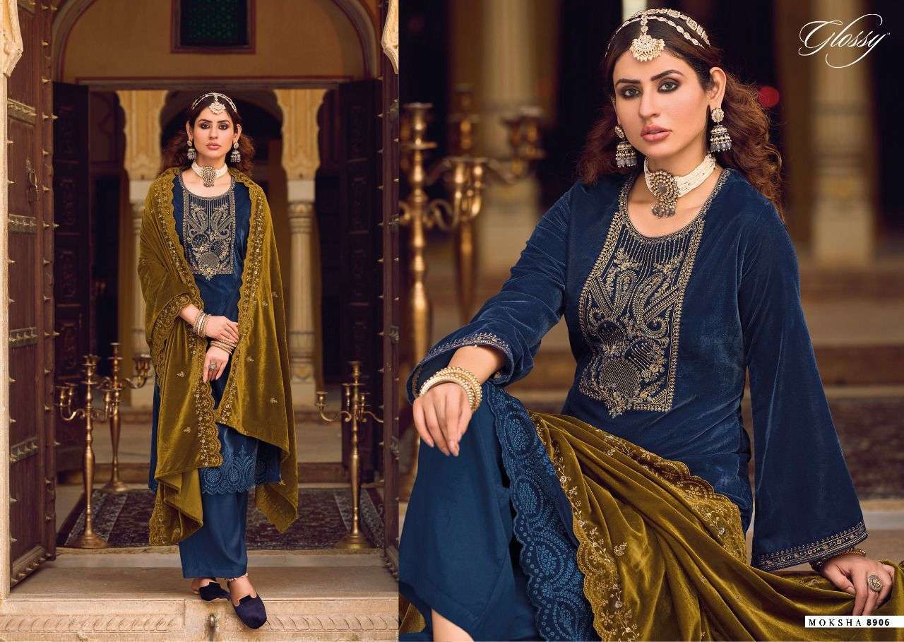 GLOSSY MOKSHA HEAVY VELVET EMBROIDERY SALWAR SUITS NEW CATALOGUE