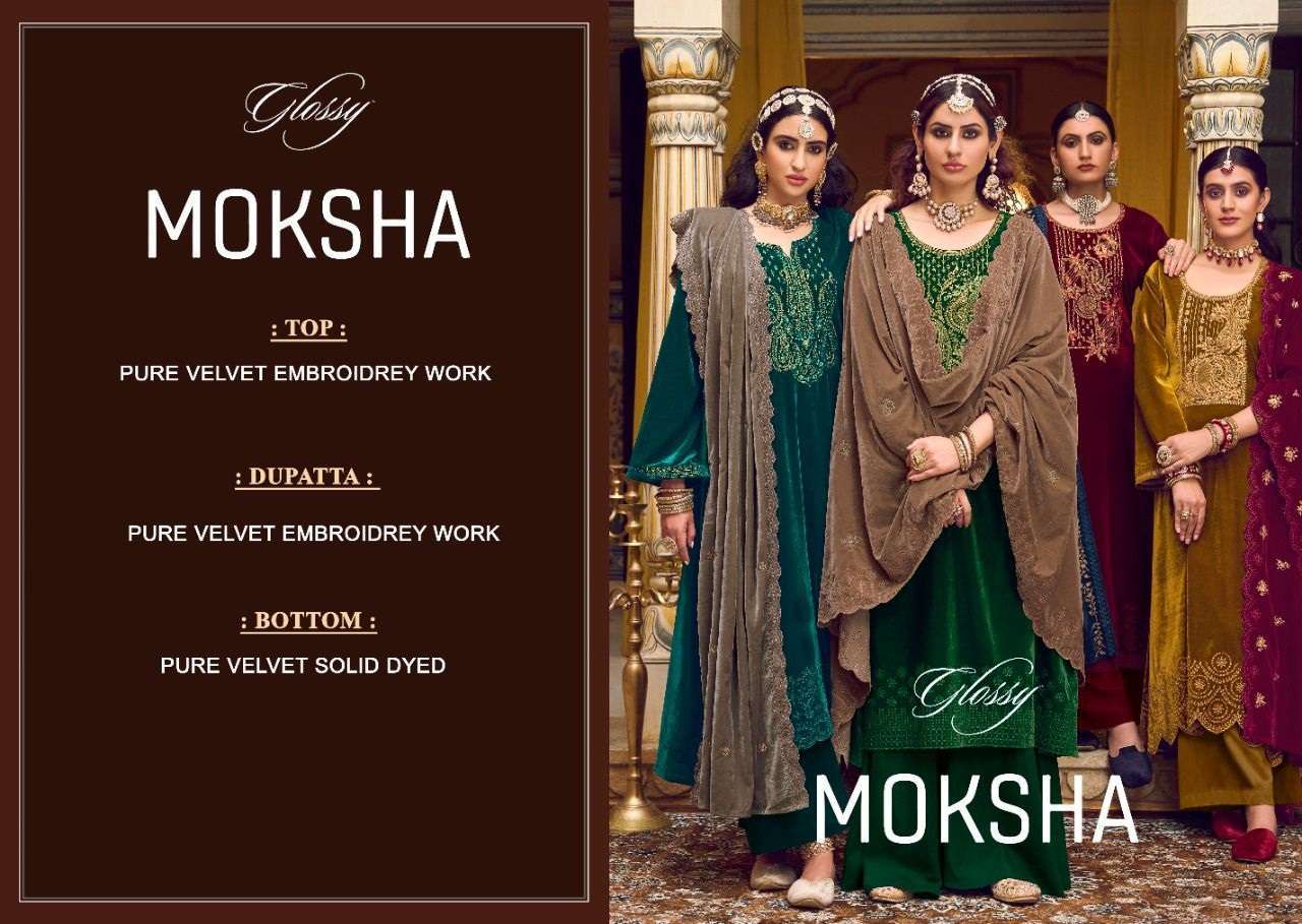 GLOSSY MOKSHA HEAVY VELVET EMBROIDERY SALWAR SUITS NEW CATALOGUE
