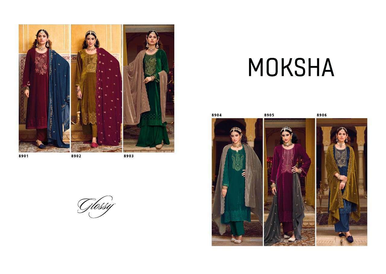 GLOSSY MOKSHA HEAVY VELVET EMBROIDERY SALWAR SUITS NEW CATALOGUE