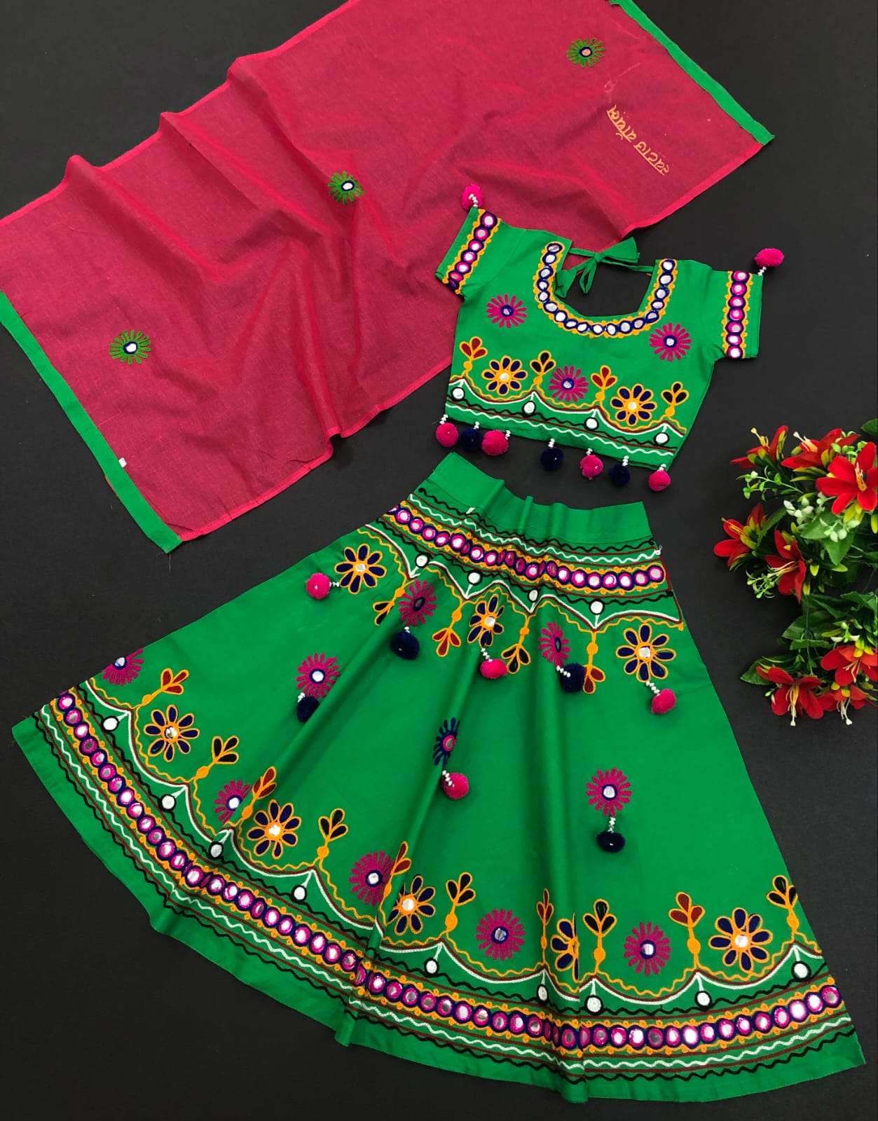 DIAMO Girls' Jaipuri Rajasthani Hand Block Print Ethnic Wear Pure Cotton  Lehenga Choli(Skirt & Top) - DIAMO - 3373429
