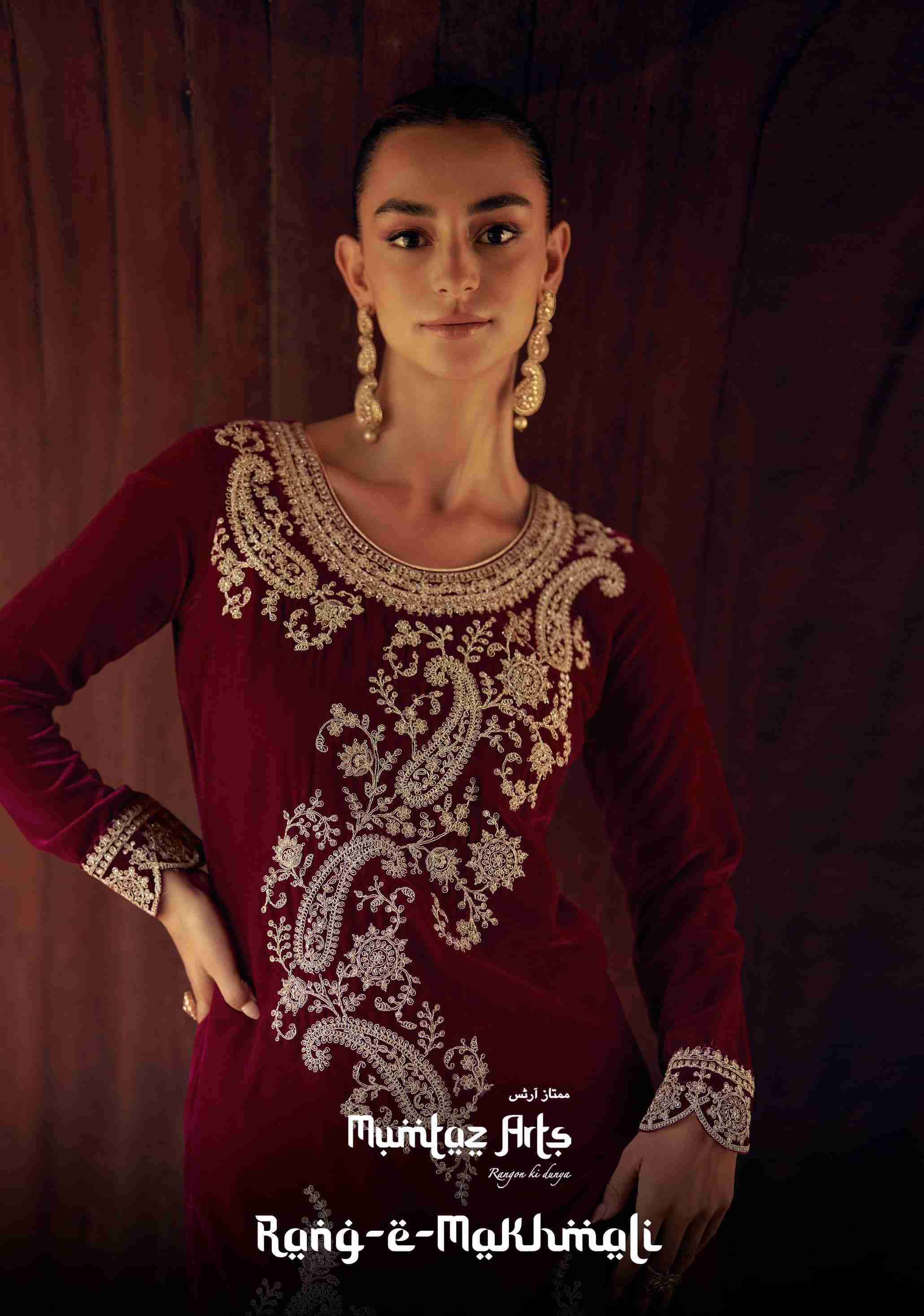 MUMTAZ ARTS RANG E MAKHMALI PURE VELVET CUT WORK DESIGNER DRESS CATALOG EXPORT