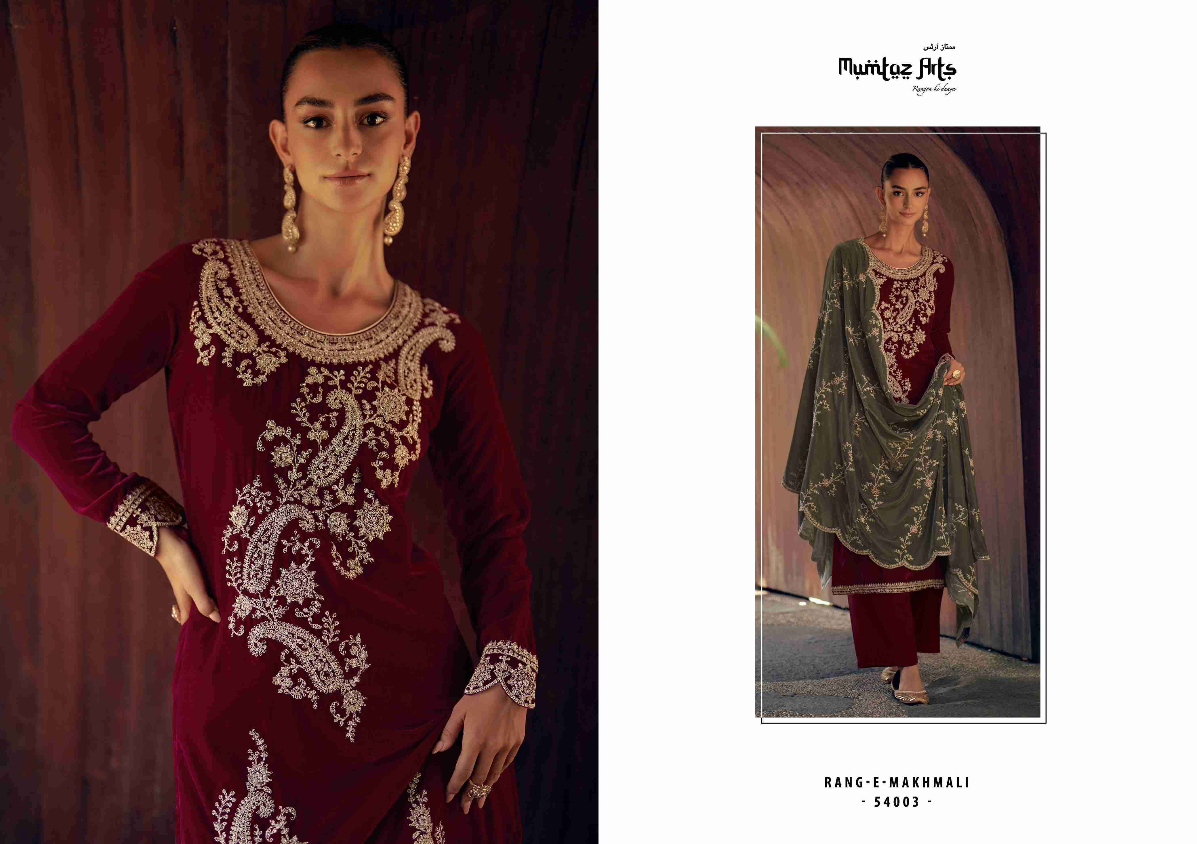 MUMTAZ ARTS RANG E MAKHMALI PURE VELVET CUT WORK DESIGNER DRESS CATALOG EXPORT