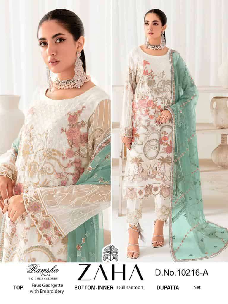 ZAHA RAMSHA VOL 14 10216 COLORS HEAVY GEORGETTE EMBRODERY WORK PARTY WEAR PAKISTANI SUIT WHOLESALE CATALOGUE 