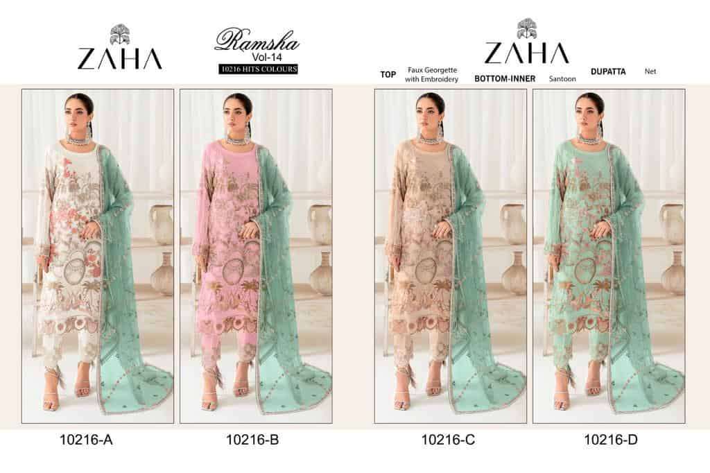 ZAHA RAMSHA VOL 14 10216 COLORS HEAVY GEORGETTE EMBRODERY WORK PARTY WEAR PAKISTANI SUIT WHOLESALE CATALOGUE 