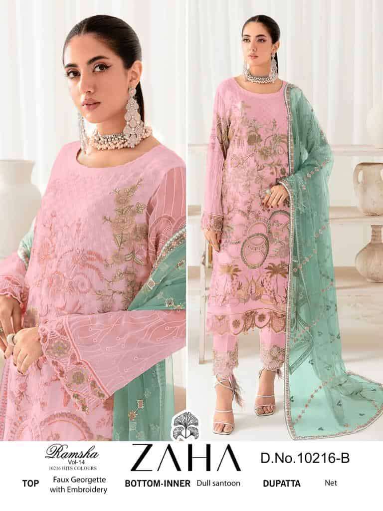ZAHA RAMSHA VOL 14 10216 COLORS HEAVY GEORGETTE EMBRODERY WORK PARTY WEAR PAKISTANI SUIT WHOLESALE CATALOGUE 
