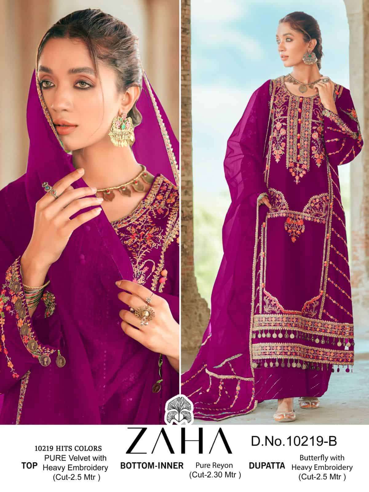 ZAHA AAFIYAH VOL 3 10219 COLORS PARTY WEAR PAKISTANI VELVET SUIT SUPPLIER 