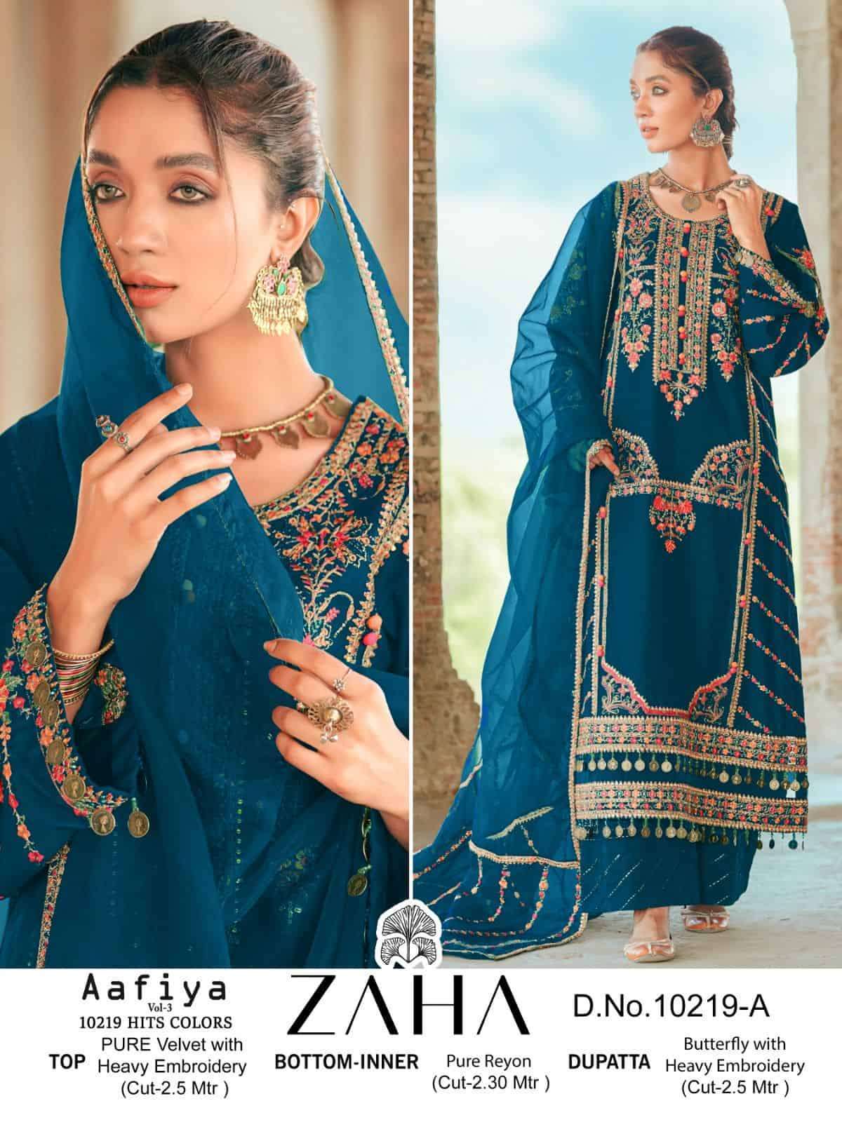 ZAHA AAFIYAH VOL 3 10219 COLORS PARTY WEAR PAKISTANI VELVET SUIT SUPPLIER 