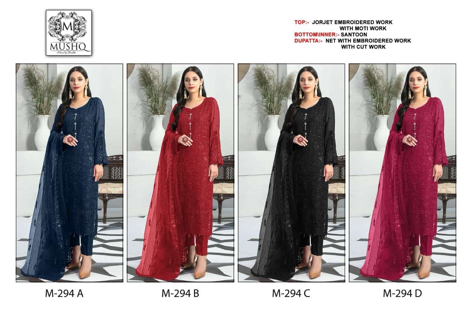 MUSHQ M 294 COLORS PAKISTANI GEORGETTE SUIT COLLECTION WHOLESALE RATE SURAT 