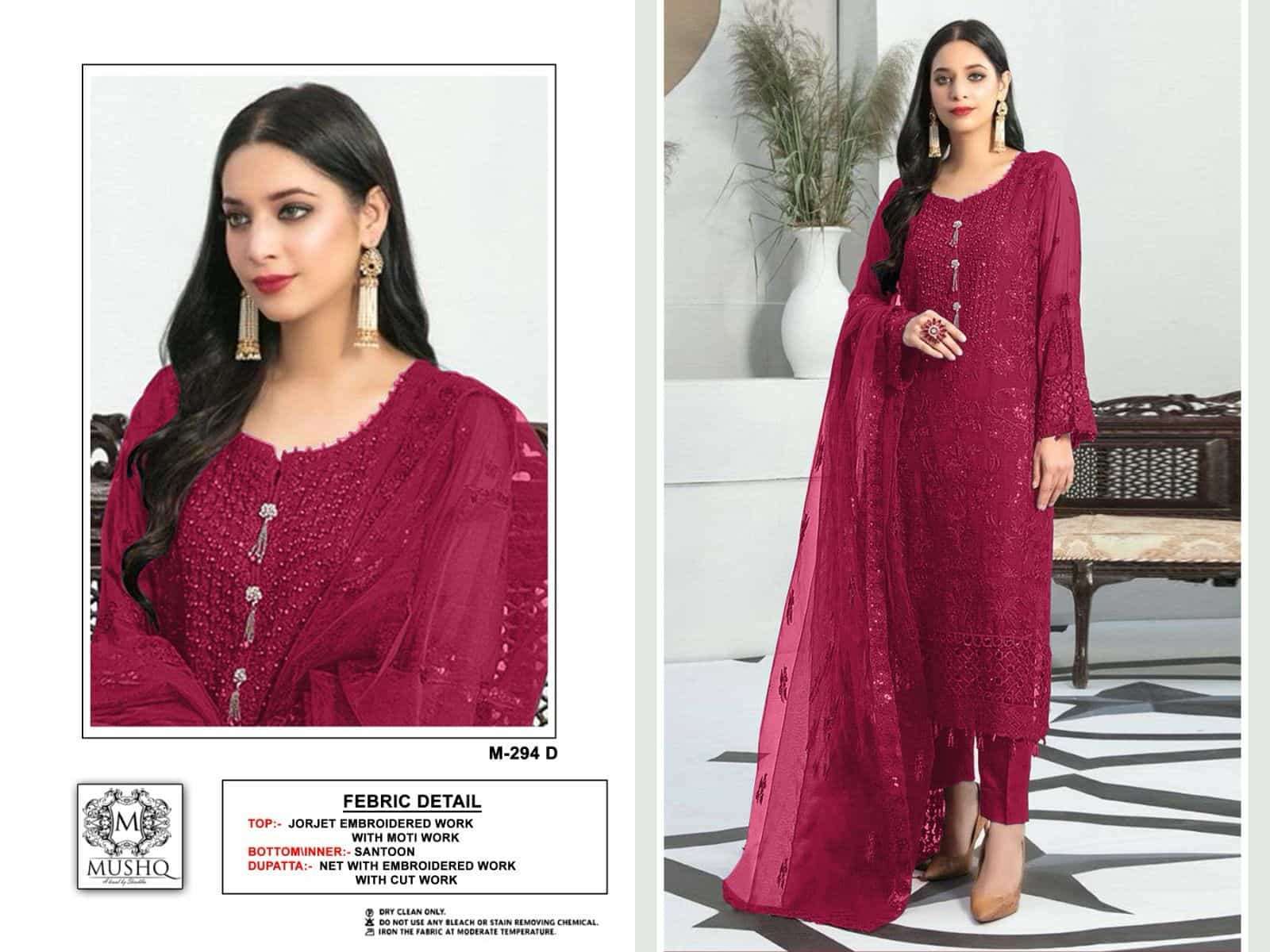 MUSHQ M 294 COLORS PAKISTANI GEORGETTE SUIT COLLECTION WHOLESALE RATE SURAT 