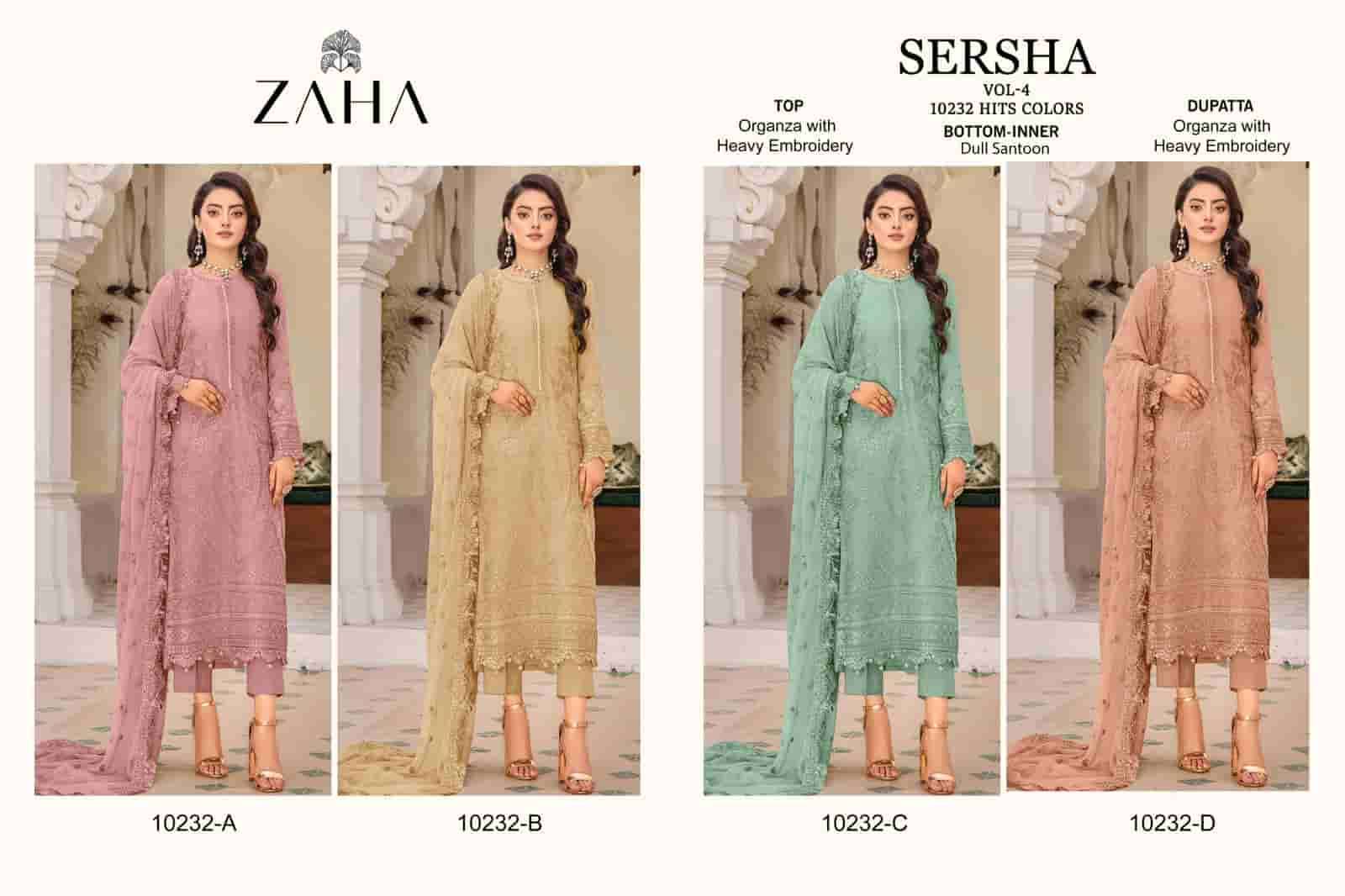 ZAHA SERSHA VOL 4 10232 HIT COLORS PAKISTANI ORGAZNA SUIT COLLECTION WHOLESALE PRICE