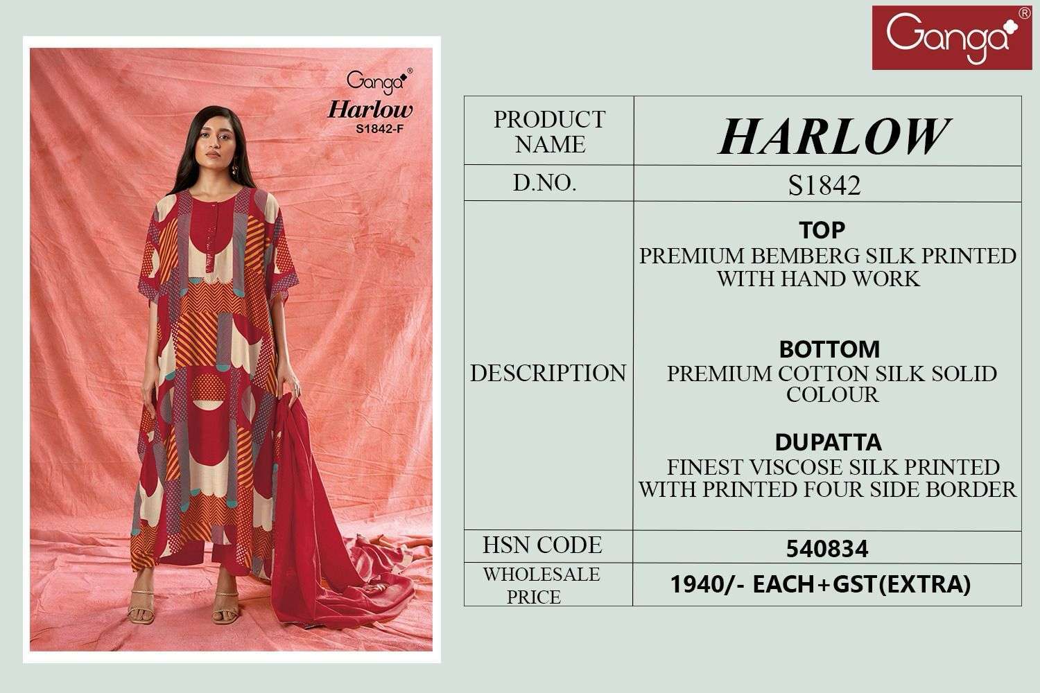 GANGA HARLOW 1842 NEW COLORS BEMBERG SILK COLLECTION WHOLESALE PRICE 