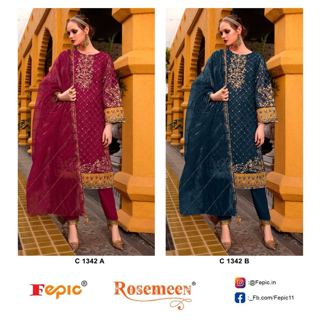 FEPIC C 1342 COLORS ORGANZA EMBROIDERY PAKISTANI SUIT WHOLESALER 