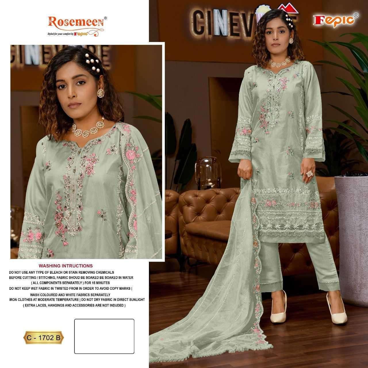 FEPIC C 1702 COLORS LATEST DESIGNER PAKISTANI ORGANZA SUIT WHOLESALER IN SURAT 