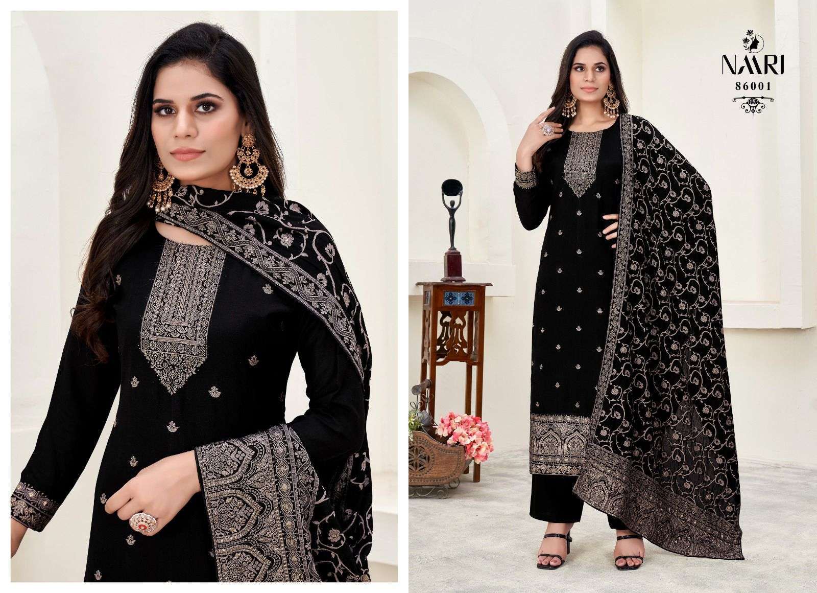 NAARI ZARIN PURE MUSLIN BLACK ADN WHITE SUIT CATALOG EXPORTER BEST RATE 
