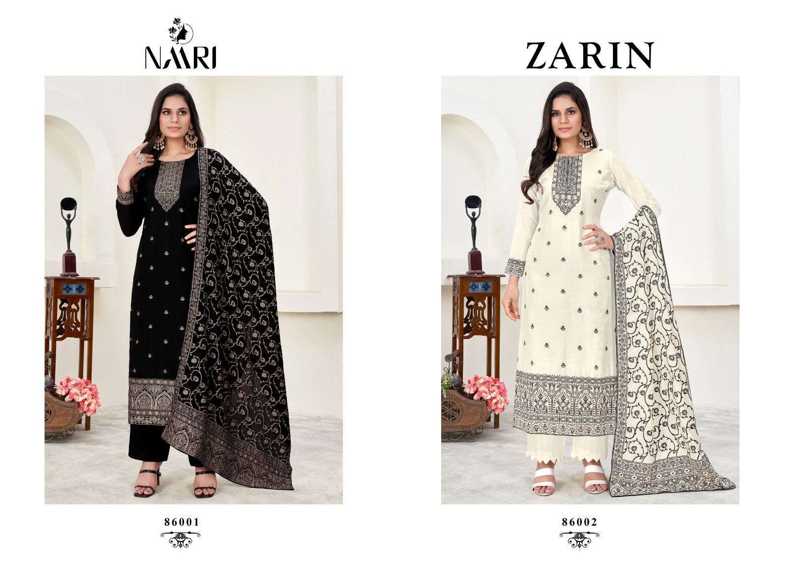 NAARI ZARIN PURE MUSLIN BLACK ADN WHITE SUIT CATALOG EXPORTER BEST RATE 