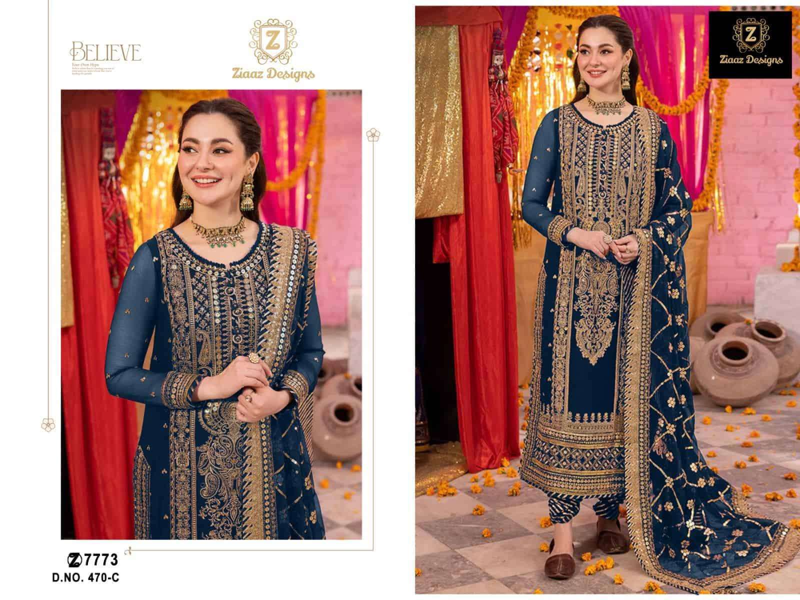 ZIAAZ DESIGNS 470 COLORS PAKISTANI GEORGETTE EMBROIDERY SUIT COLLECTION WHOLESALE RATE 