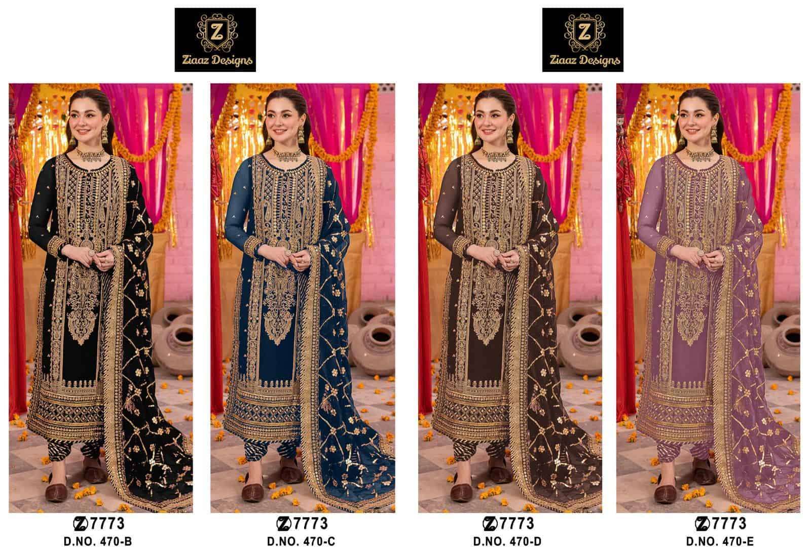 ZIAAZ DESIGNS 470 COLORS PAKISTANI GEORGETTE EMBROIDERY SUIT COLLECTION WHOLESALE RATE 