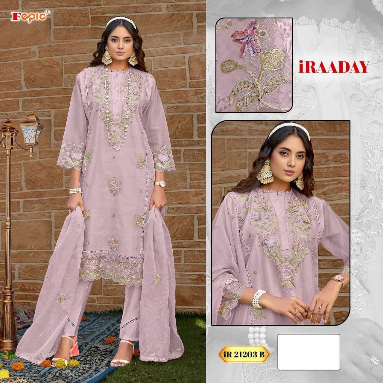 FEPIC IR 21203 COLORS ORGANZA EMBROIDERY SUIT WHOLESALE PRICE SURAT 2024