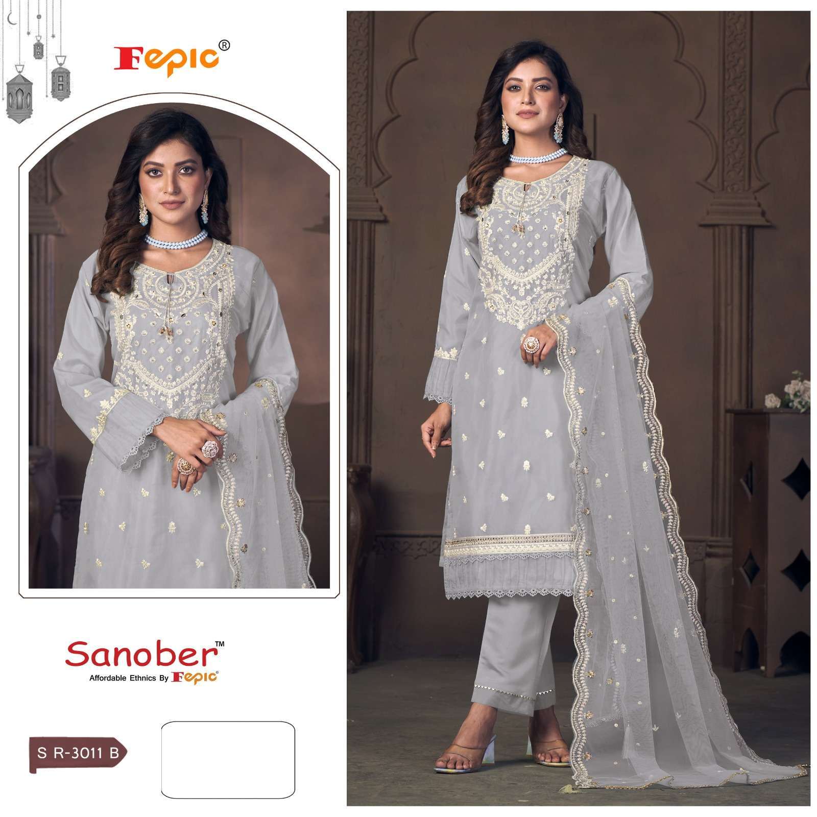 FEPIC SANOBER SR 3011 COLORS ORGANZA PAKISTANI STYLE 3 PIECE PAIR SUPPLIER