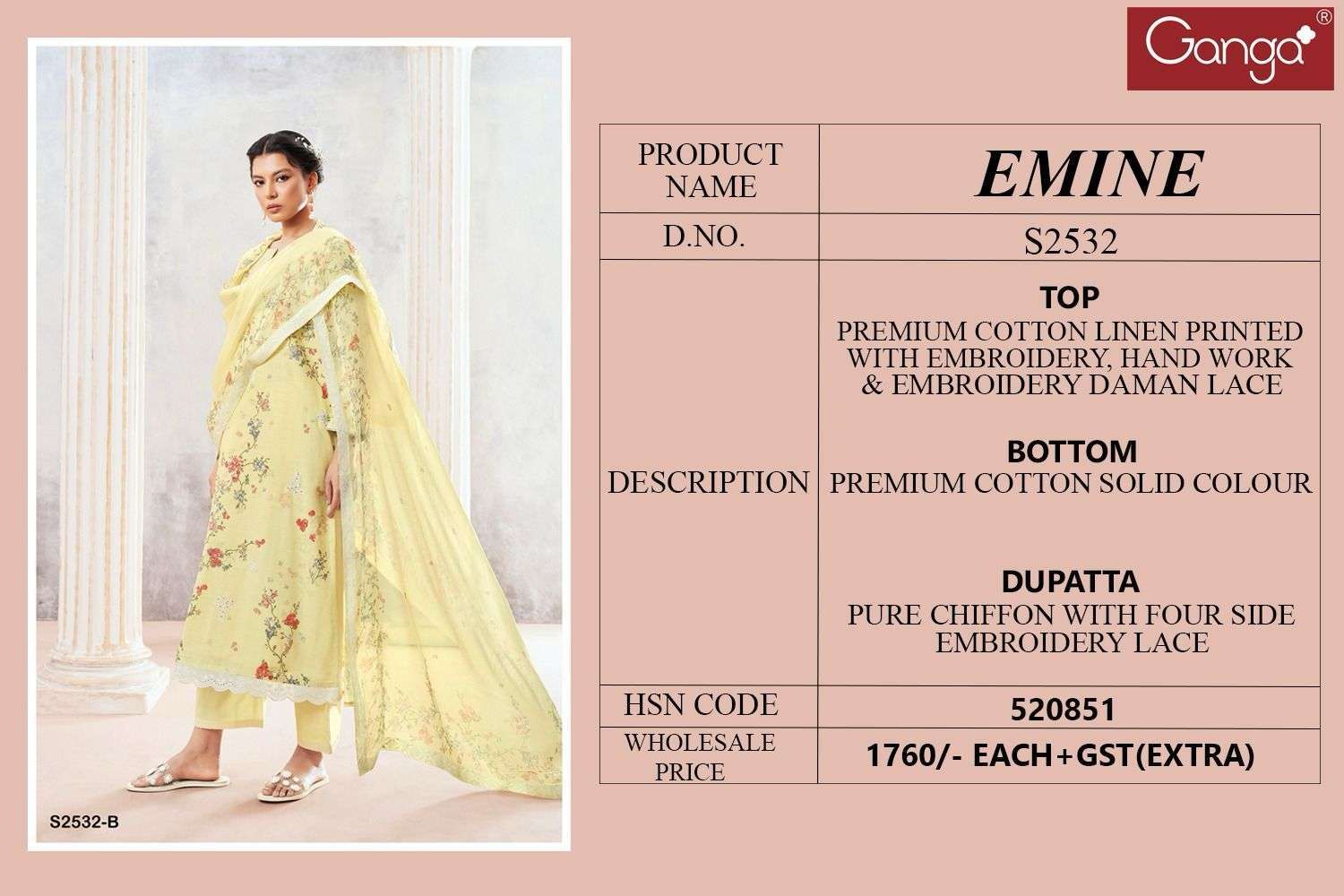 GANGA EMINE 2532 FANCY WORK COTTON DRESS CATALOG WHOLESALER IN SURAT 2024