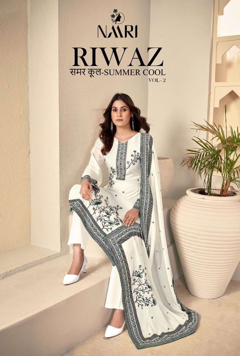 NAARI RIWAZ SUMMER COOL VOL 2 MUSLIN JACQUARD SUIT CATALOGUE WHOLESALER IN SURAT 2024